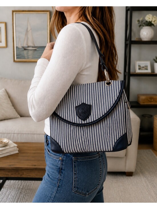 Liz Claiborne Handbags - Vintage LIZ by Liz Claiborne Navy & White Striped Faux Leather Nautical Handbag
